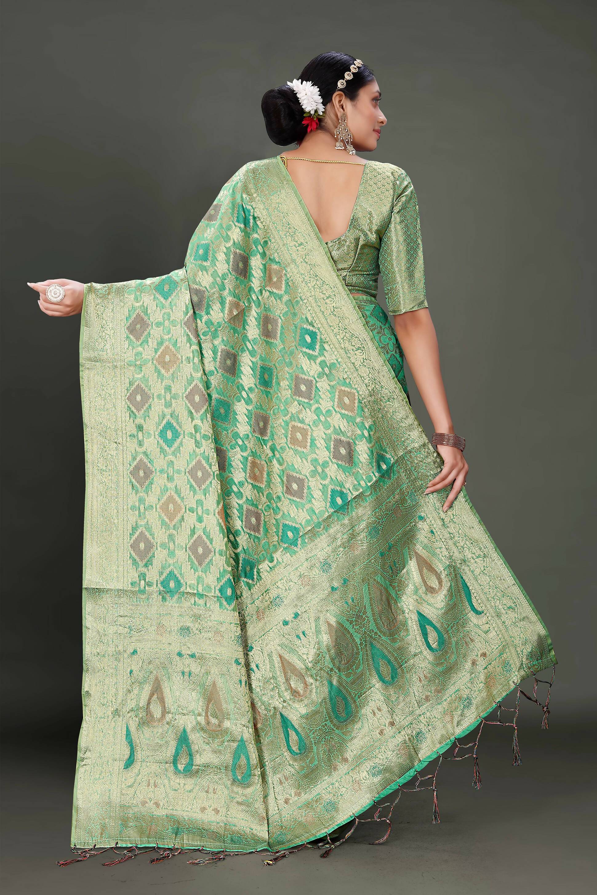 Sea Green Soft Organza Woven Design Saree With Unstitched Blouse Piece - Zaara | Grocsy
