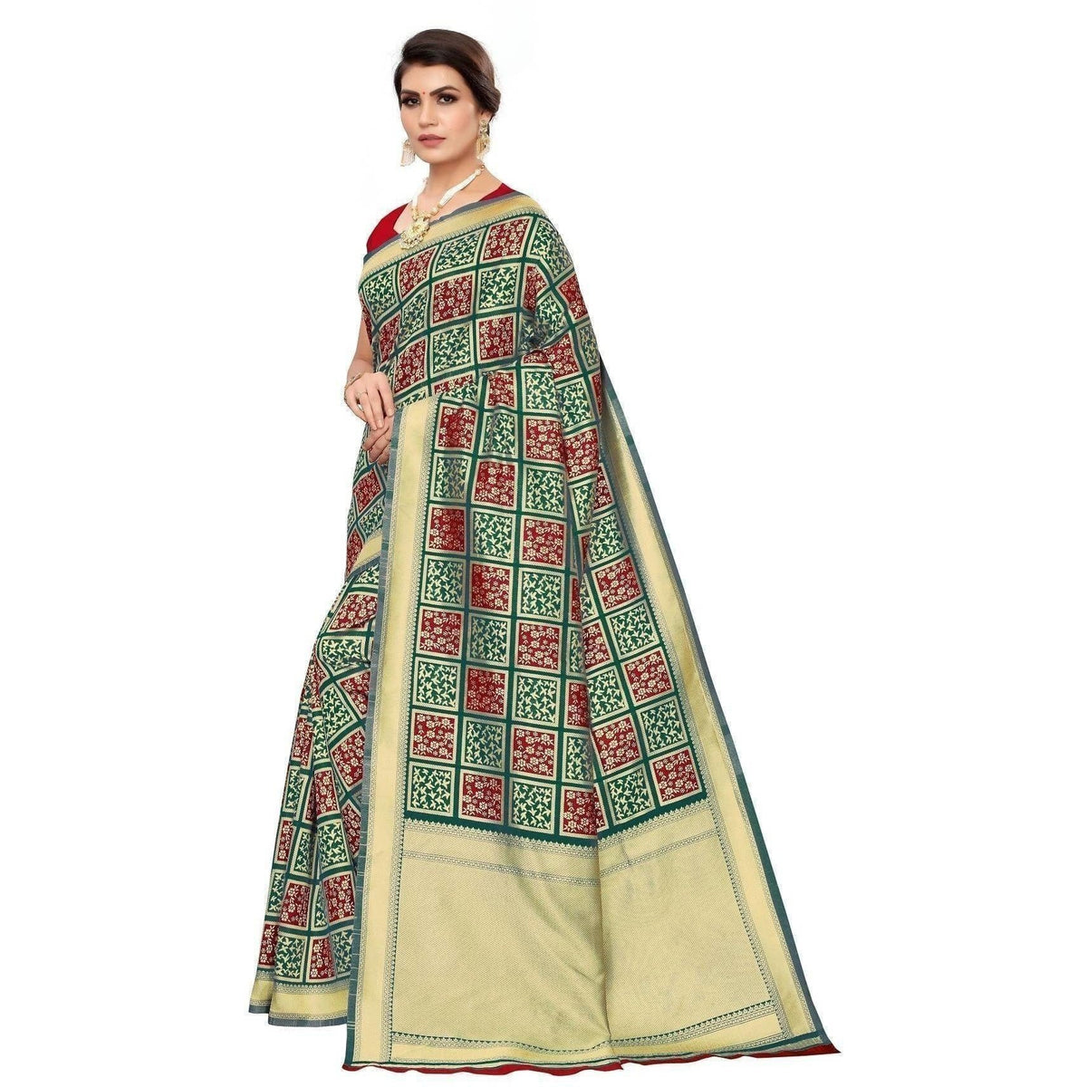 Vamika Banarasi Jaquard Rama Green Weaving Saree (Banarasi 23) | Grocsy