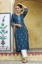 Juniper Women's Blue Rayon Staple Printed Straight Kurta | Grocsy