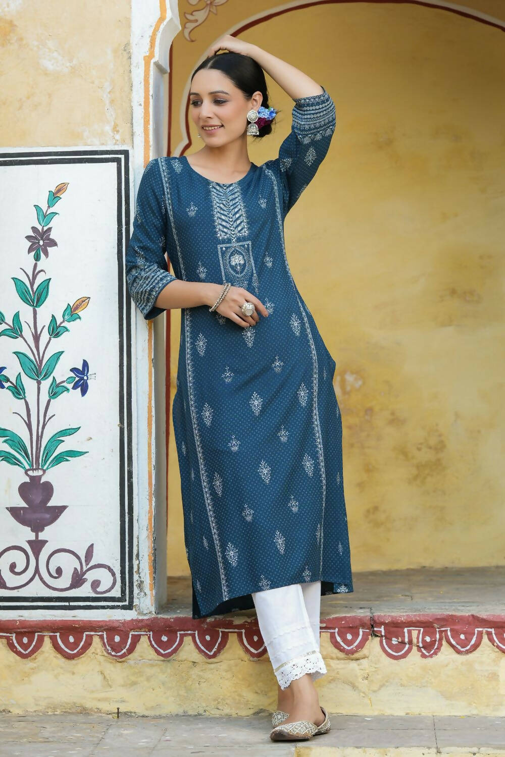 Juniper Women's Blue Rayon Staple Printed Straight Kurta | Grocsy