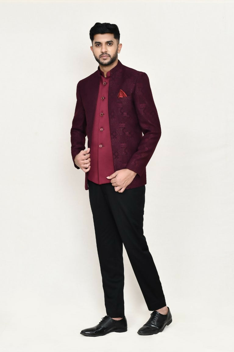 Joban Fashion Maroon Colored Imported Jacquard Fabric Open Prince Coat, Jacket With Pant | Grocsy