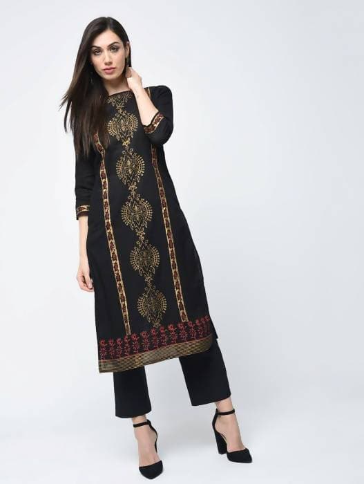 Aniyah Cotton Block Printed Latest Black Straight Kurta (AN-122K) | Grocsy