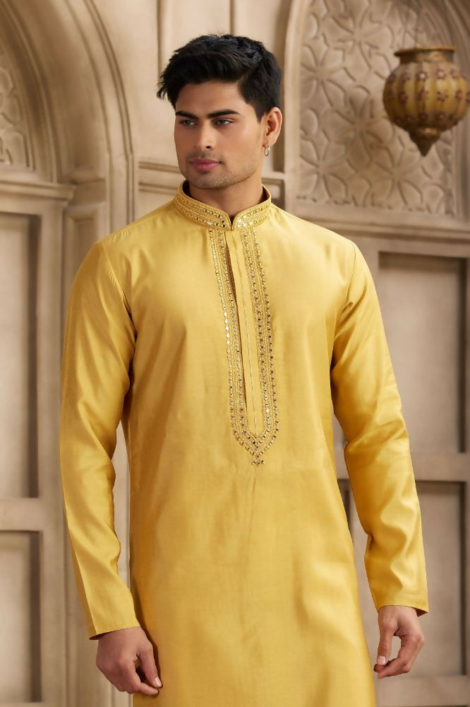 Raivat Ethnic Banarasi Art Silk Mirror Work Kurta Pajama In Rust Colour | Grocsy
