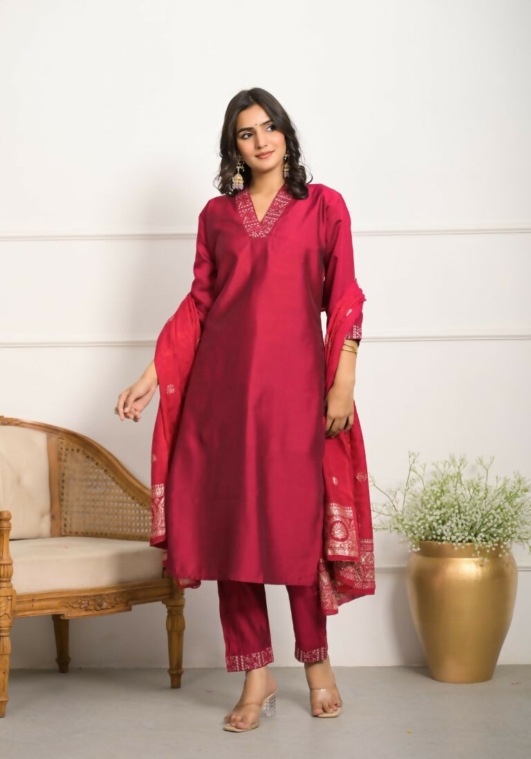 Festive Wear Ethnic Red Viscose chanderi Stitched Suit With Dupatta - Nisha | Grocsy