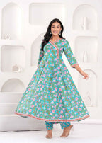Jaimini Women Cotton Printed V-Neck 3/4 Sleeves Calf Length Angrakha Kurta Pant And Dupatta Set | Grocsy
