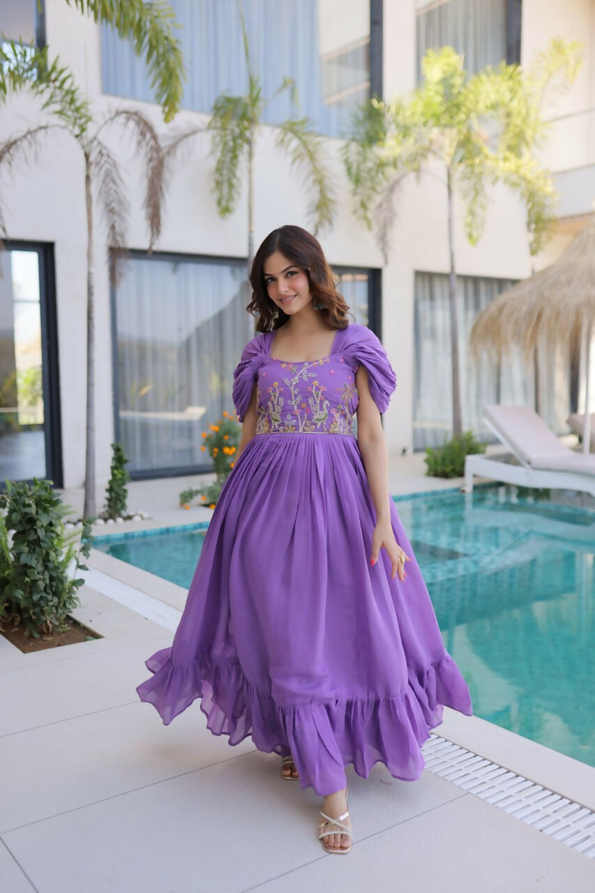Teeya Creation Womens New Fancy Mul Chanderi With Embroidered Work Gown Set | Grocsy