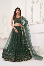 Eilara Women'S Dark Green Butterfly Net With Tone Thread Work And Sandwich Embroidered Work Lehenga Choli For Wedding | Grocsy