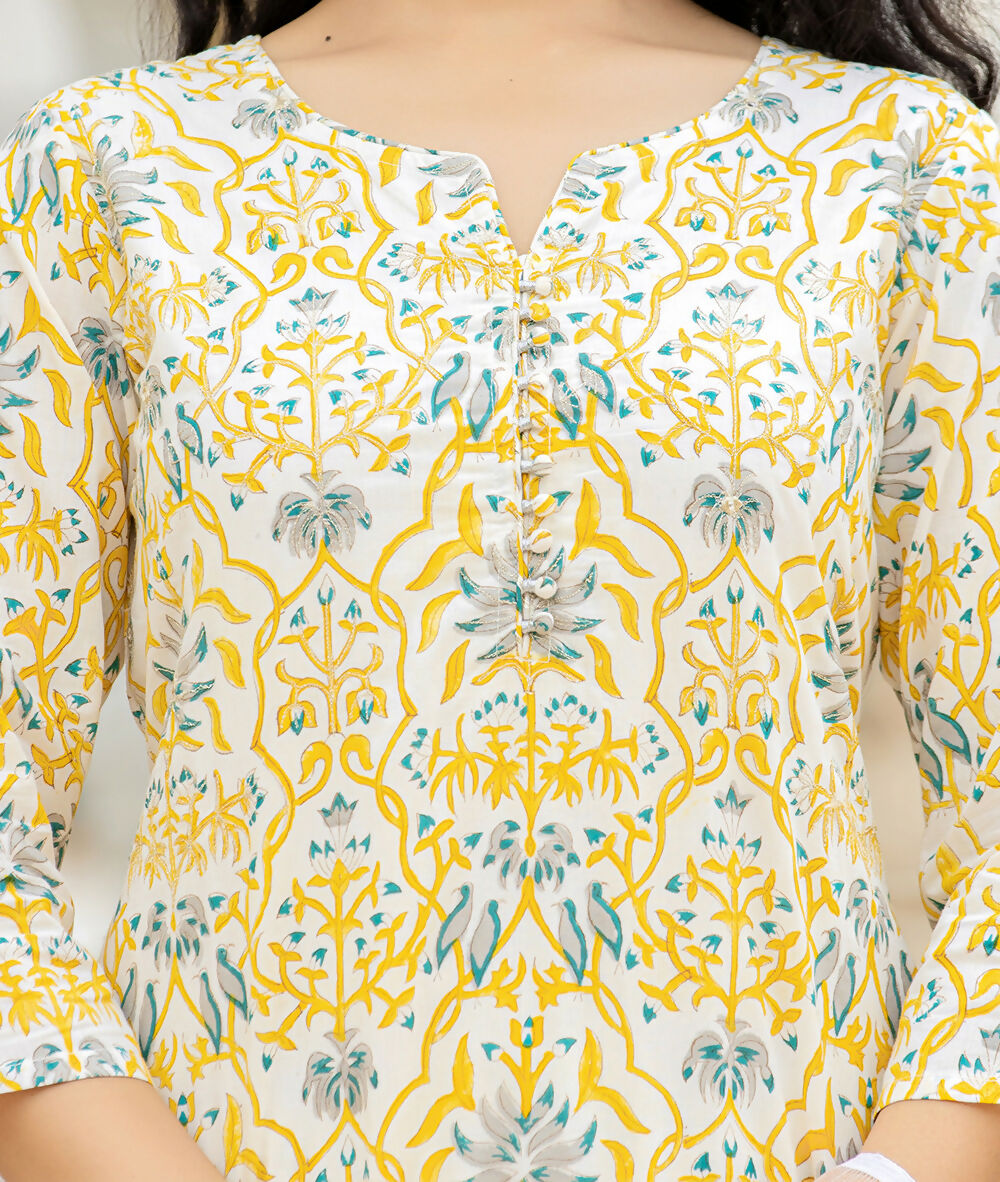Kaajh Women's Yellow Hand Block Print Suit Set | Grocsy