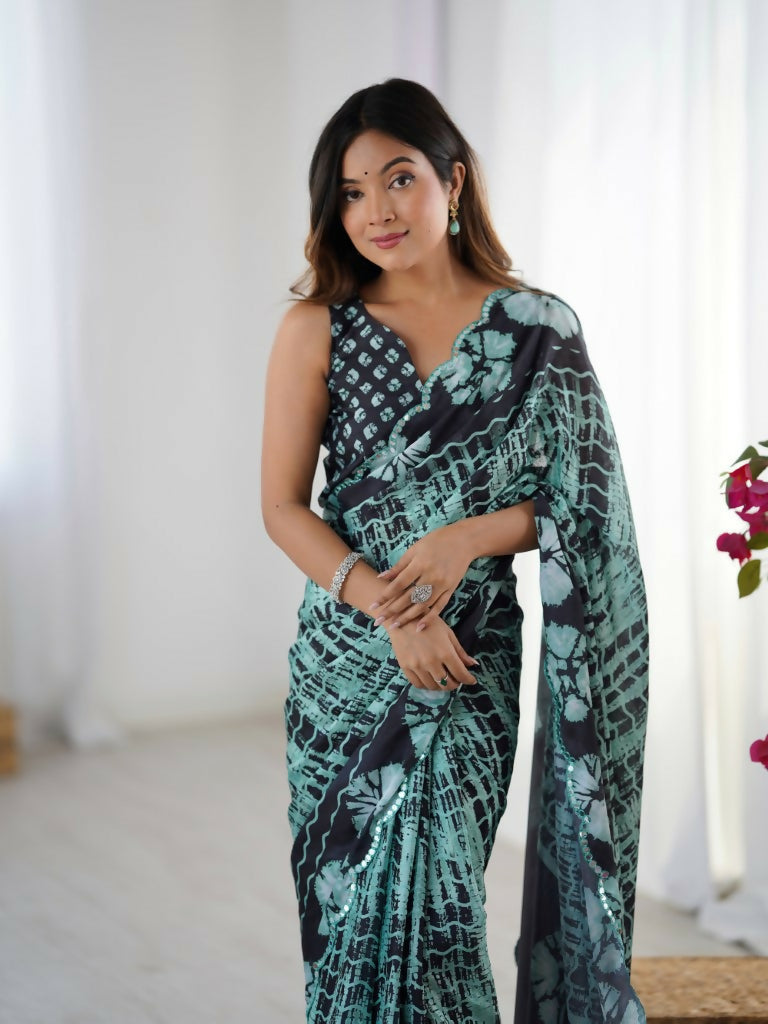 Black Chinon Designer Digital Printed,Mirror Cut Work Saree - Sohni | Grocsy
