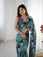 Black Chinon Designer Digital Printed,Mirror Cut Work Saree - Sohni | Grocsy