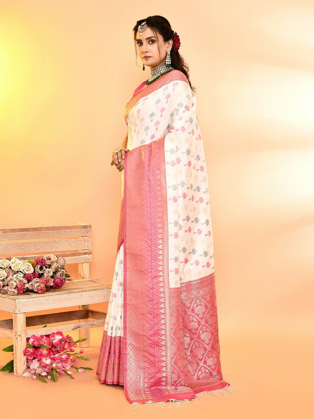 Joban Fashion White & Rani Pink Plain With Weaving Border Banarasi Silk Sarees | Grocsy