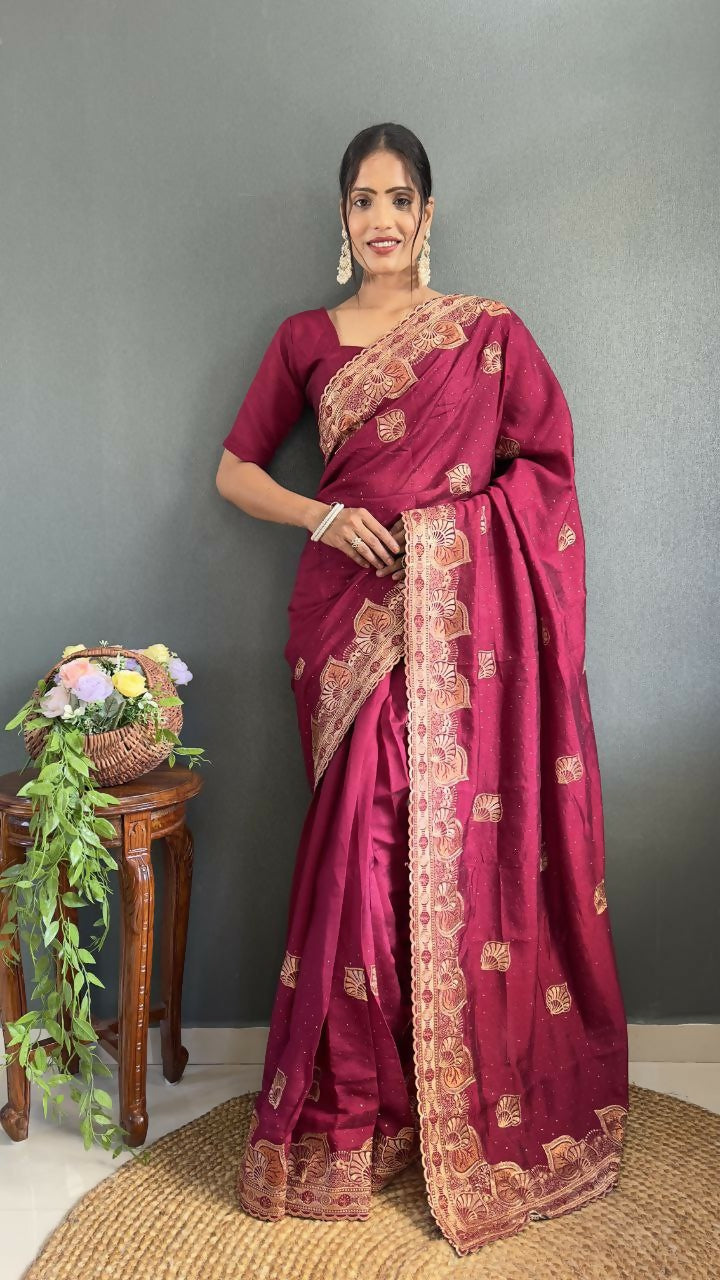 Vastranavya Pink Vichitra Silk Zari with Swarovski Work Ready to Wear Saree | Grocsy