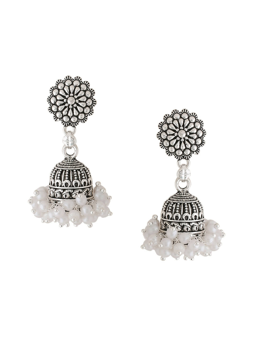 NVR Women Silver Toned Dome Shaped Jhumkas Earrings | Grocsy