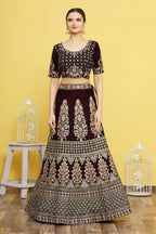Wine Velvet Semi-Stitched Wedding Bridal Lehenga - Nimaya | Grocsy