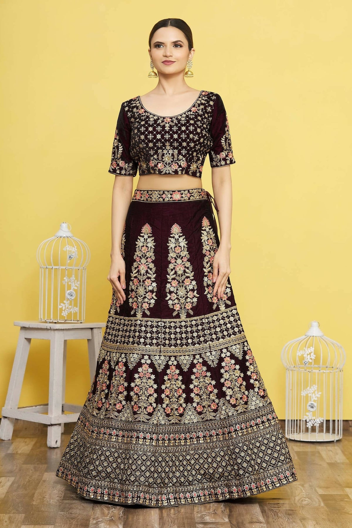Wine Velvet Semi-Stitched Wedding Bridal Lehenga - Nimaya | Grocsy