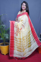 Jyoti Fashion Women's Red Linen Silk Digital Print with Jacquard Woven Border Saree with Blouse | Grocsy