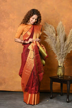 Very Much Indian Handloom Pure Cotton Linen Saree With Golden Border - Dark Maroon | Grocsy