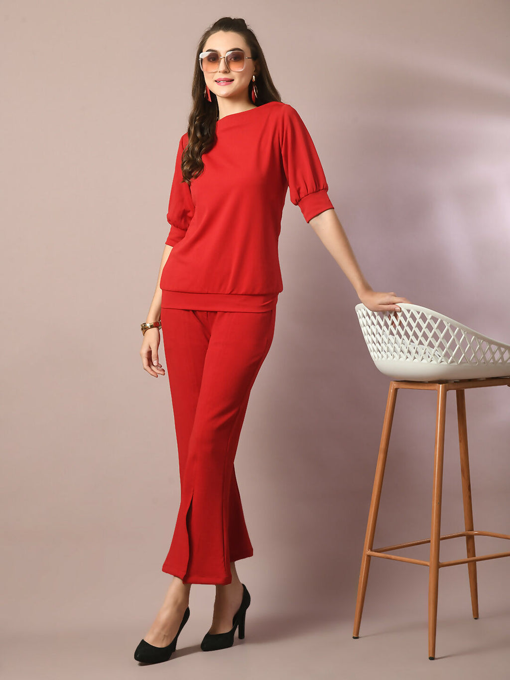 Myshka Women's Red Solid Boat Neck Party Top With Trousers Co-ord set | Grocsy
