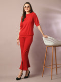Myshka Women's Red Solid Boat Neck Party Top With Trousers Co-ord set | Grocsy