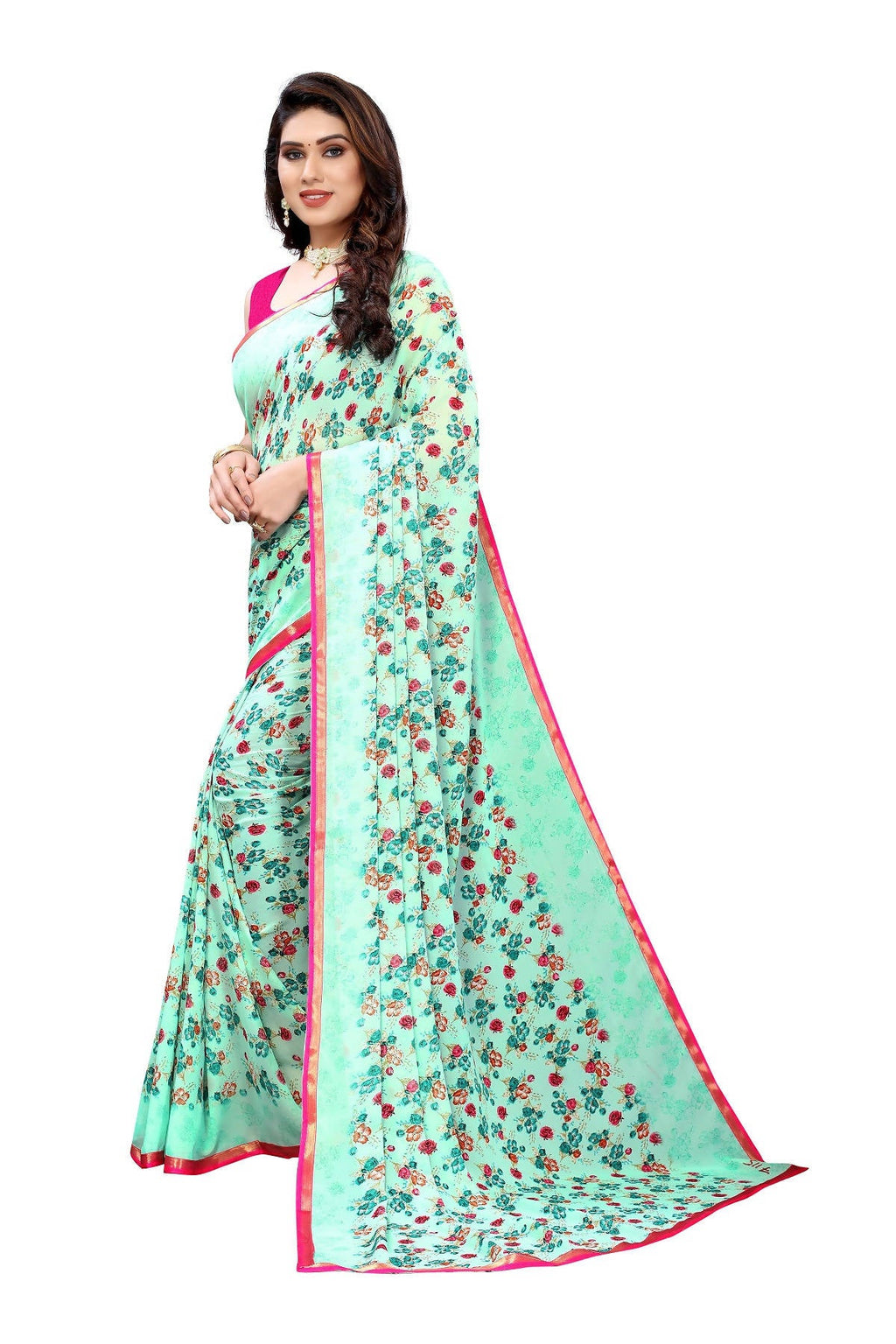 Vamika Ethnic Fire Green Printed With Lace Saree | Grocsy