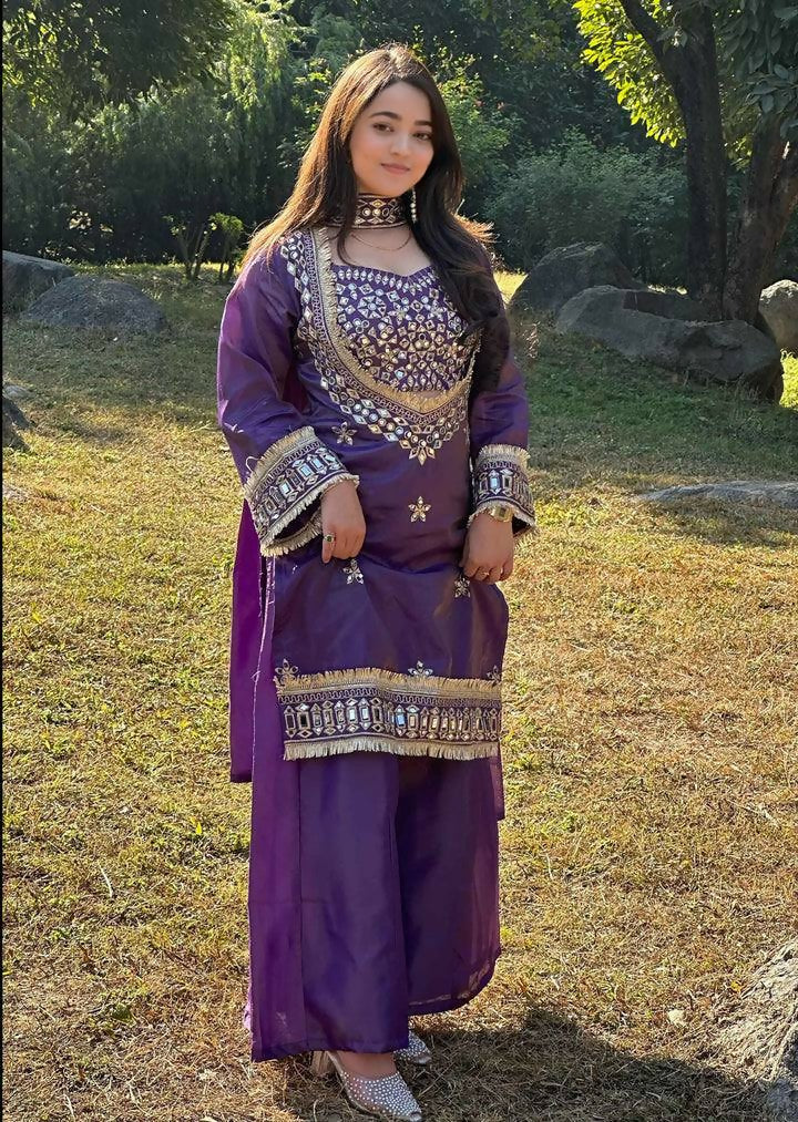 Teeya Creation New Trendy Stylish Real Mirror Work With Lace Border Purple Kurta Set | Grocsy