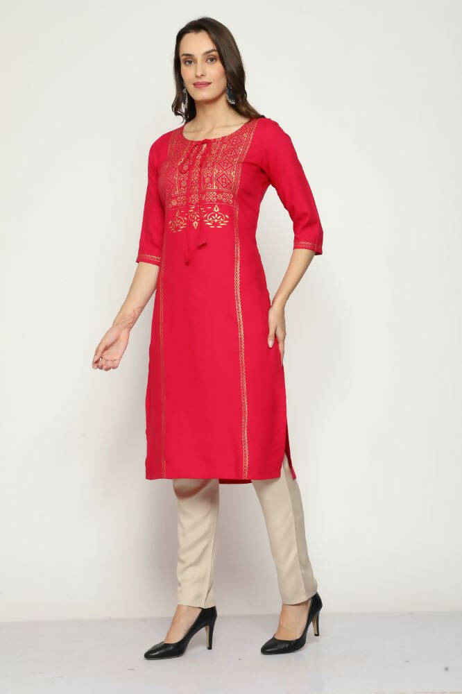 Maai Rayon Hand Printed Kurta Red | Grocsy