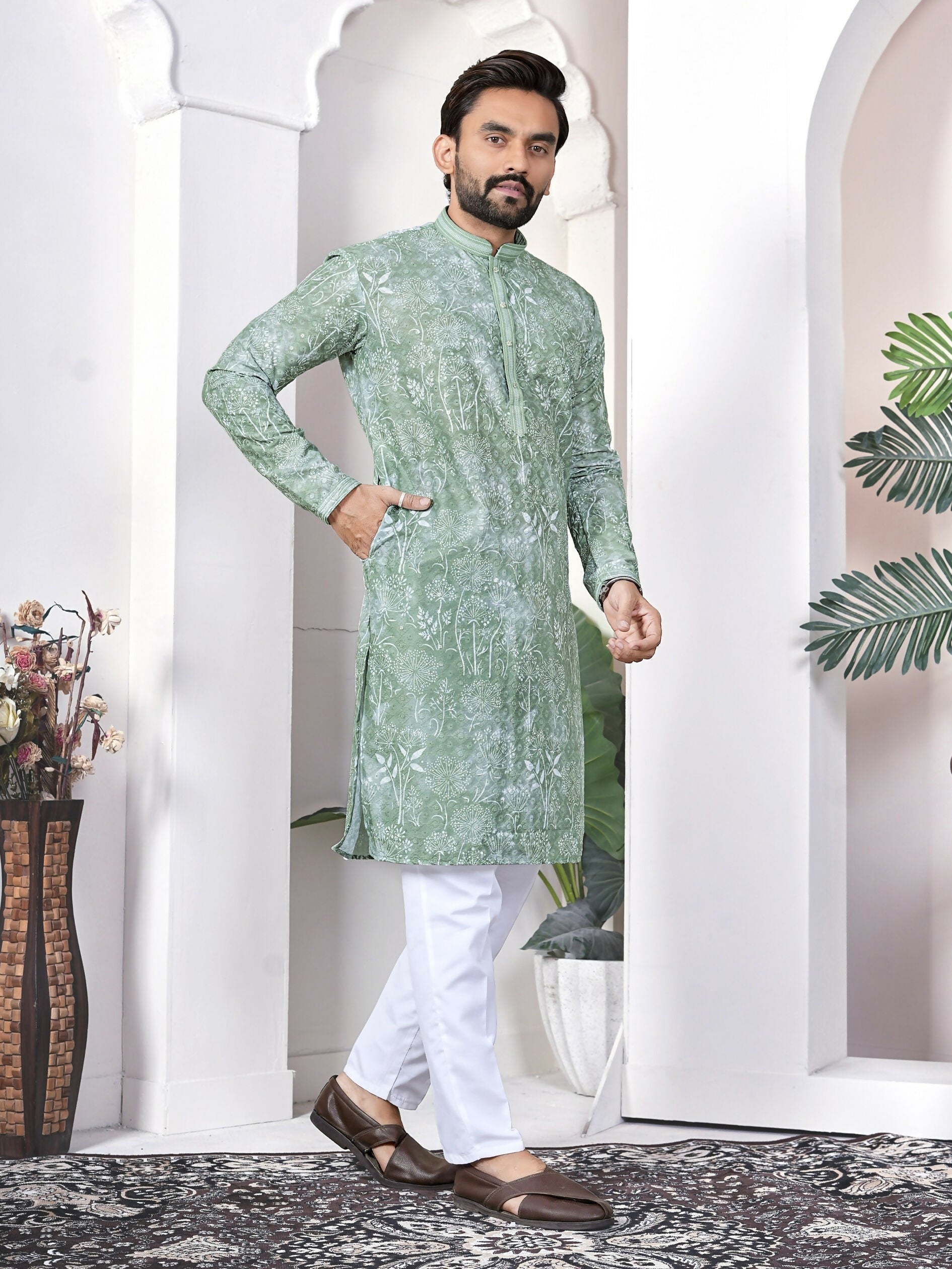 Anaita Sea Green Digital Printed Work Cotton Straight Kurta | Grocsy