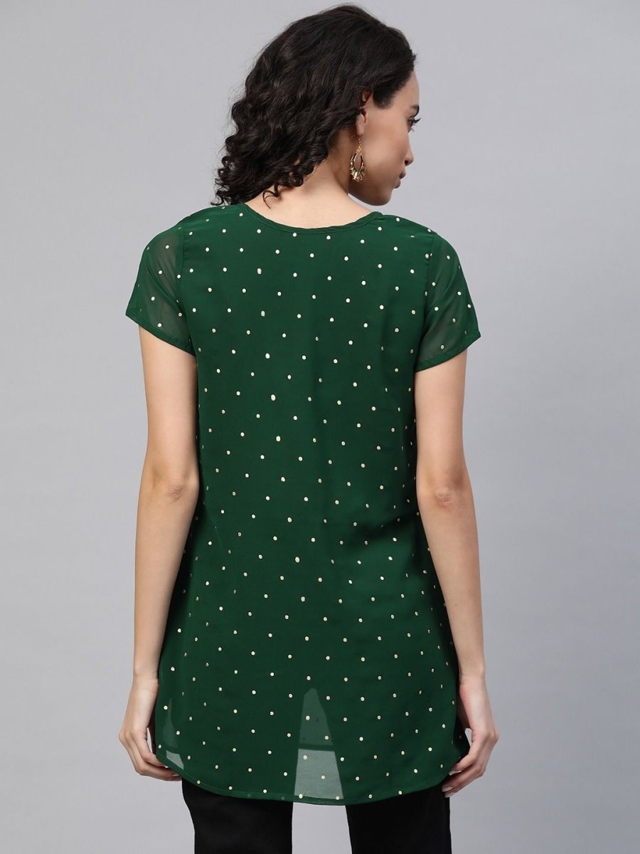 Ahalyaa Women Green Georgette Golden Polka Dots Print Layered Tunic | Grocsy