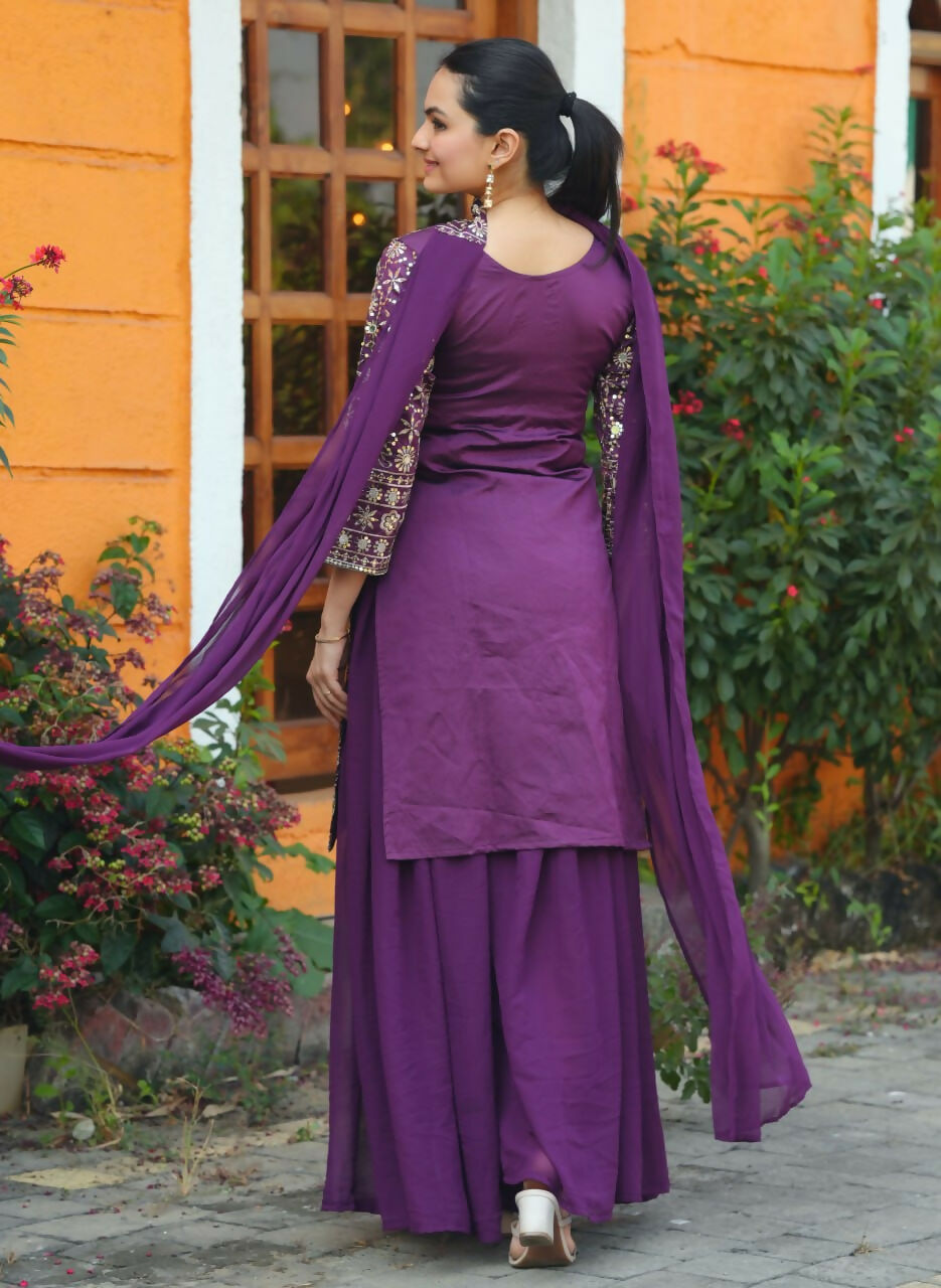 Teeya Creation Wine Color Tapeta Silk Embroidery Work Party Wear Palazzo Set | Grocsy