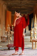 Juniper Women Fuchsia Velvet Embroidered Straight Kurta Sets | Grocsy