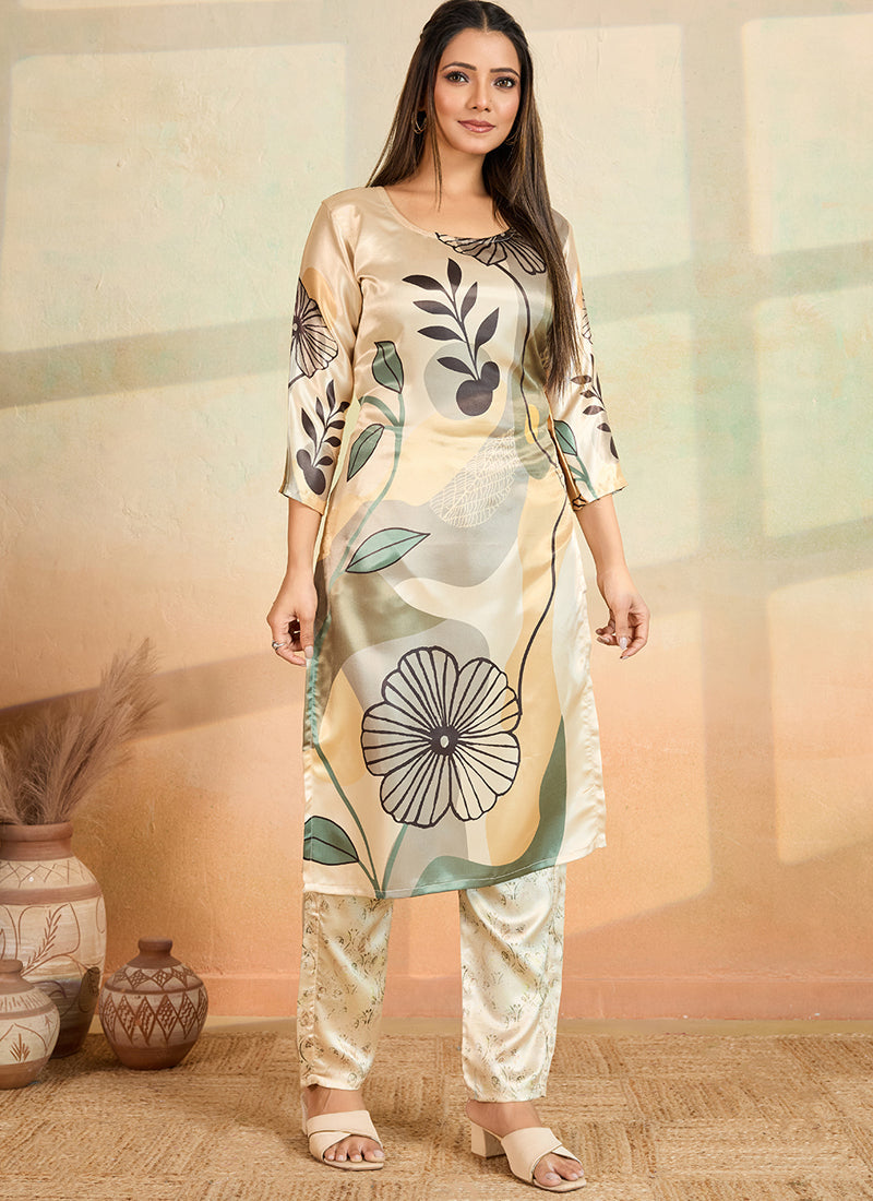 Prazu Fashion Beige Printed Cotton Reyon Kurta Pant Set | Grocsy