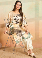 Prazu Fashion Beige Printed Cotton Reyon Kurta Pant Set | Grocsy