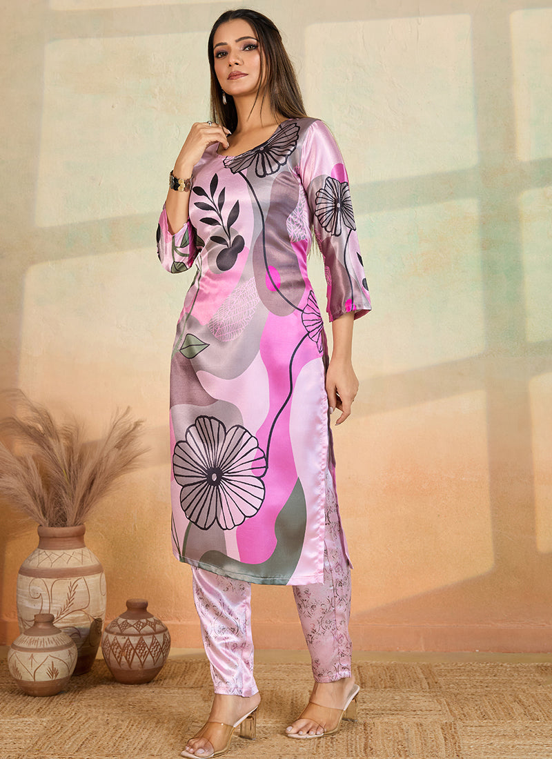 Prazu Fashion Baby Pink Printed Cotton Reyon Kurta Pant Set | Grocsy