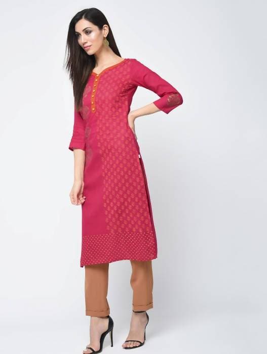 Aniyah Cotton Block Printed Traditional Straight Kurta In Magenta Color (AN-125K) | Grocsy