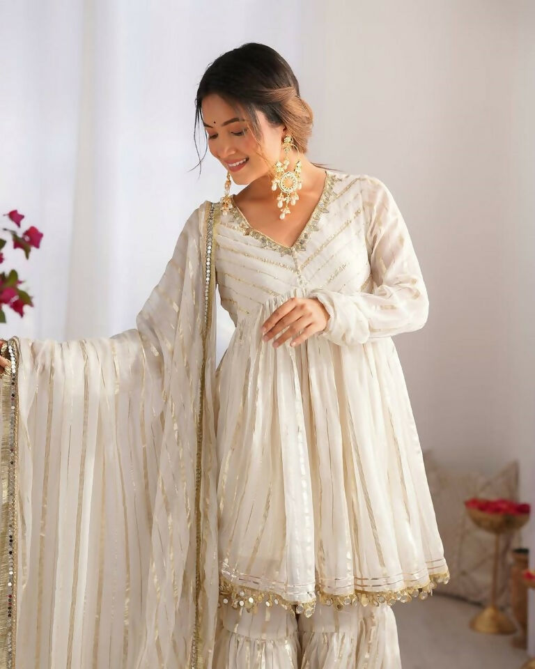 Teeya Creation White Color Mal Chanderi Silk Mirror Work And Hand Work Sharara set | Grocsy