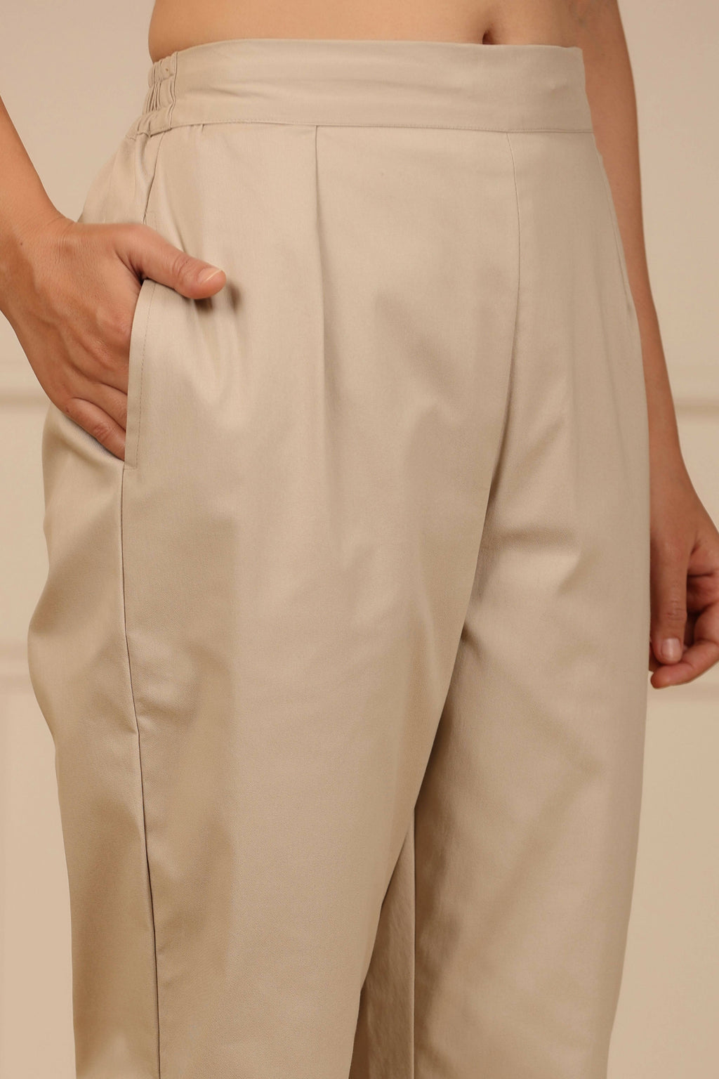 Juniper Women's Beige Cotton Spendex Solid Straight Pant | Grocsy