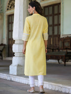 Juniper Women's Yellow Cotton Slub Embroidered Straight Kurta | Grocsy