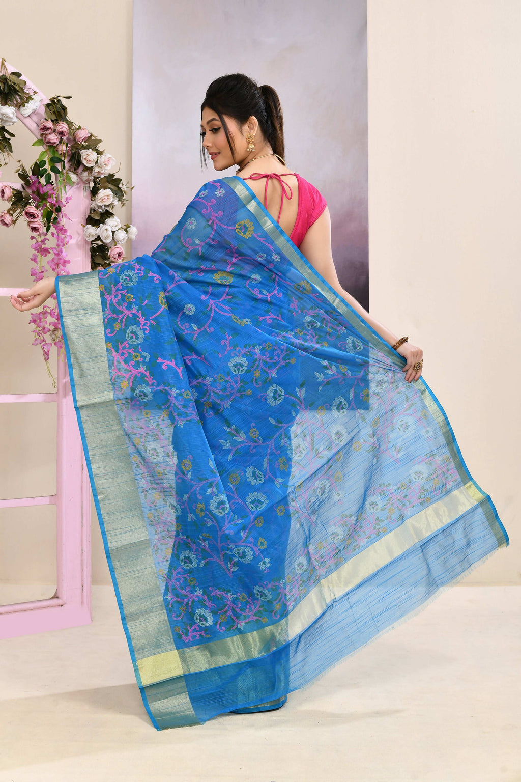 Piyari Fashion Women's Sky Blue Embellished Cotton Blend Printed Saree | Grocsy