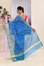 Piyari Fashion Women's Sky Blue Embellished Cotton Blend Printed Saree | Grocsy