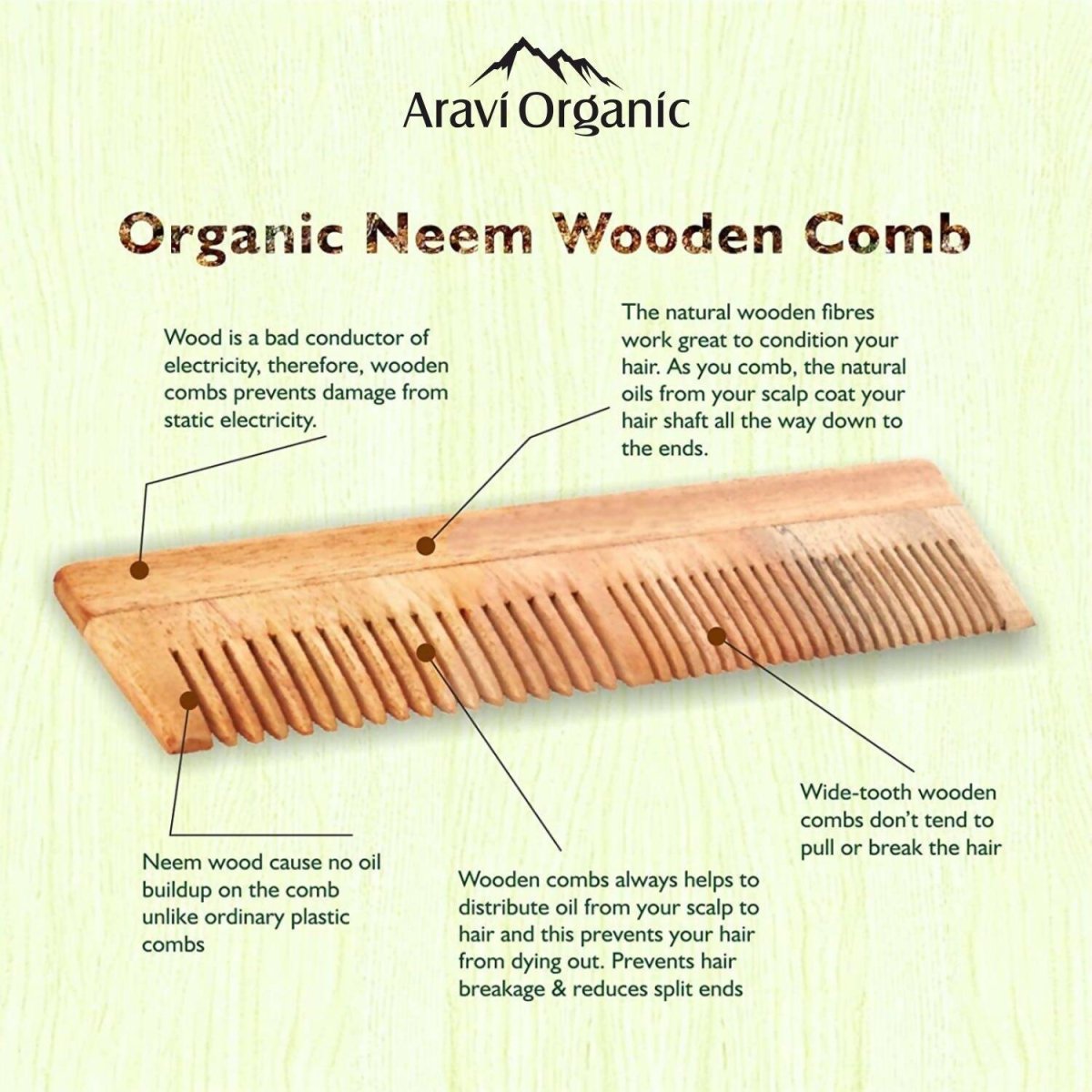 Aravi Organic Neem Wood Comb Fine and Wide Tooth | Grocsy