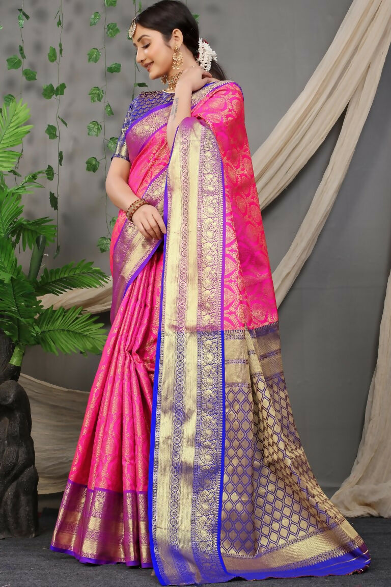 Jyoti Fashion Women's Pink Kanjivaram Silk Zari Woven Saree with Blouse | Grocsy