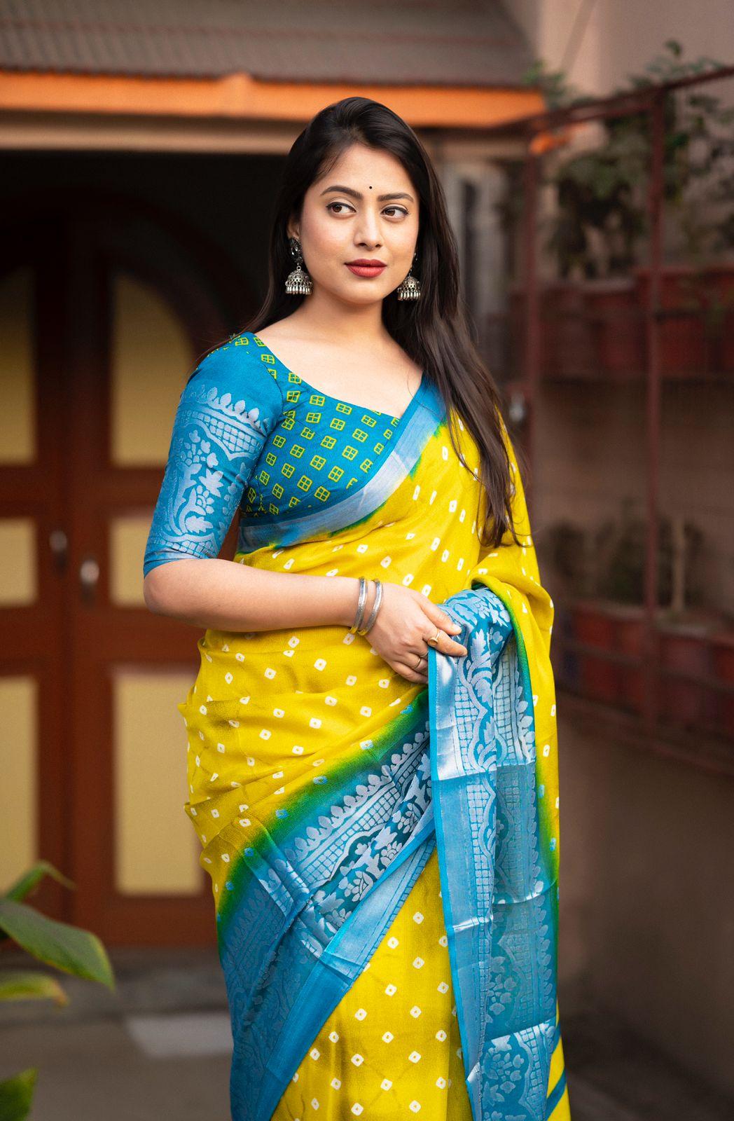 Lemon Jute Silk Printed Saree with Unstitched Blouse - Hiral Fashion | Grocsy