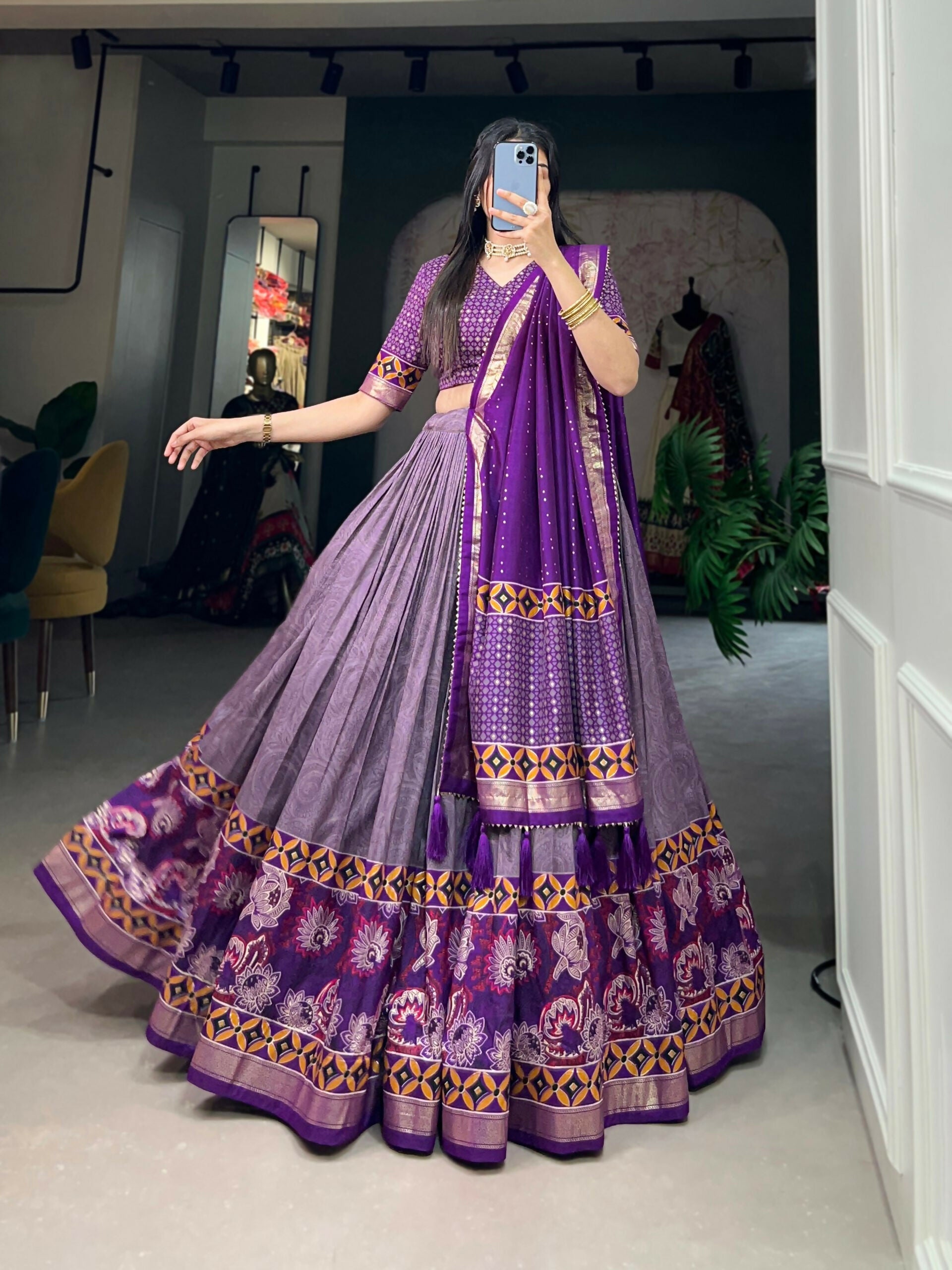 Vastranavya Floral Print With Foil Print Tussar Silk Lehenga with Unstitched Blouse - Purple | Grocsy