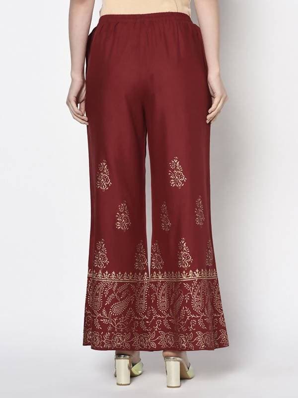 Aniyah Rayon Maroon Color Block Print Flared Slip-On Palazzo (AN-213K) | Grocsy