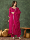 The52 Women's Gorgeous Embroidery Work Vichitra SIlk Fabric Flared Kurta Pant and Dupatta Set-Rani | Grocsy