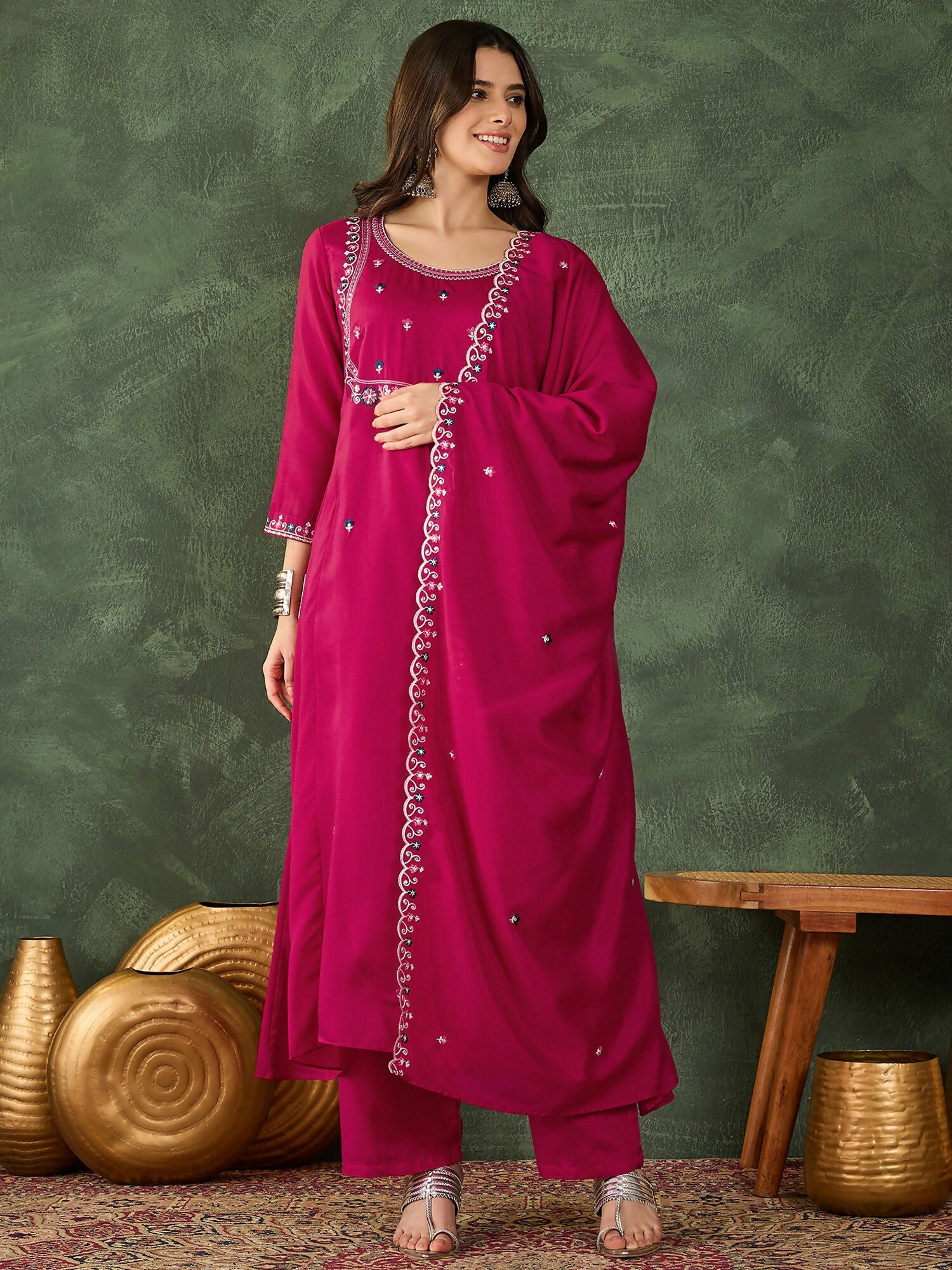 The52 Women's Gorgeous Embroidery Work Vichitra SIlk Fabric Flared Kurta Pant and Dupatta Set-Rani | Grocsy