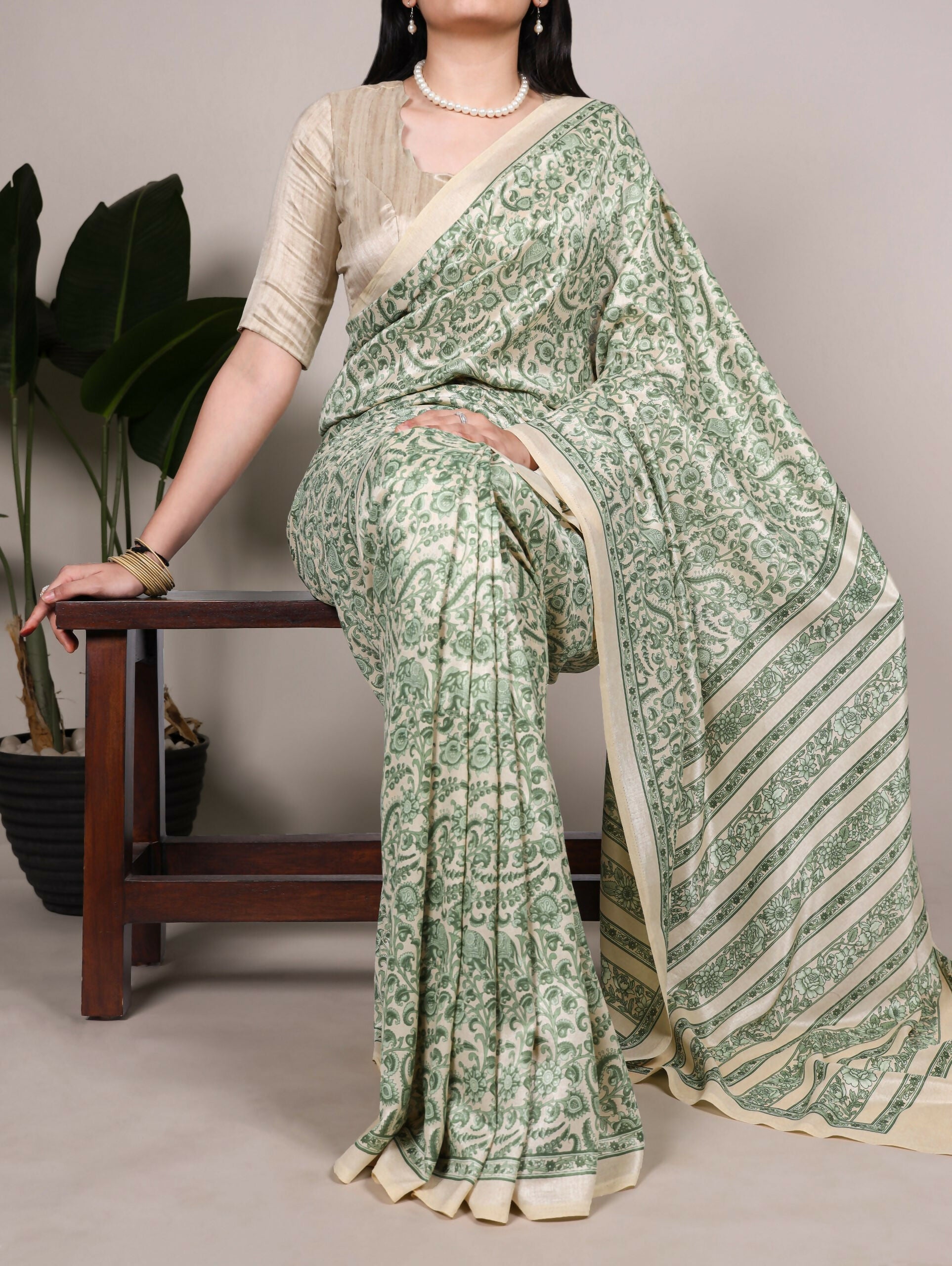 Vastranavya Green Tussar Silk Printed Saree with Unstitched Blouse | Grocsy