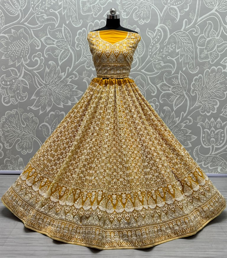 Jyoti Fashion Women's Yellow Bridal Net Fancy Sequins with Multi Thread Embroidered Wedding Lehenga Choli | Grocsy