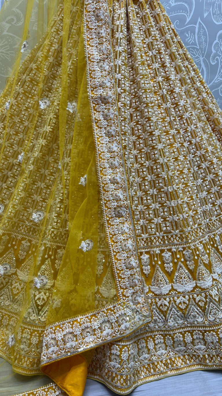 Jyoti Fashion Women's Yellow Bridal Net Fancy Sequins with Multi Thread Embroidered Wedding Lehenga Choli | Grocsy