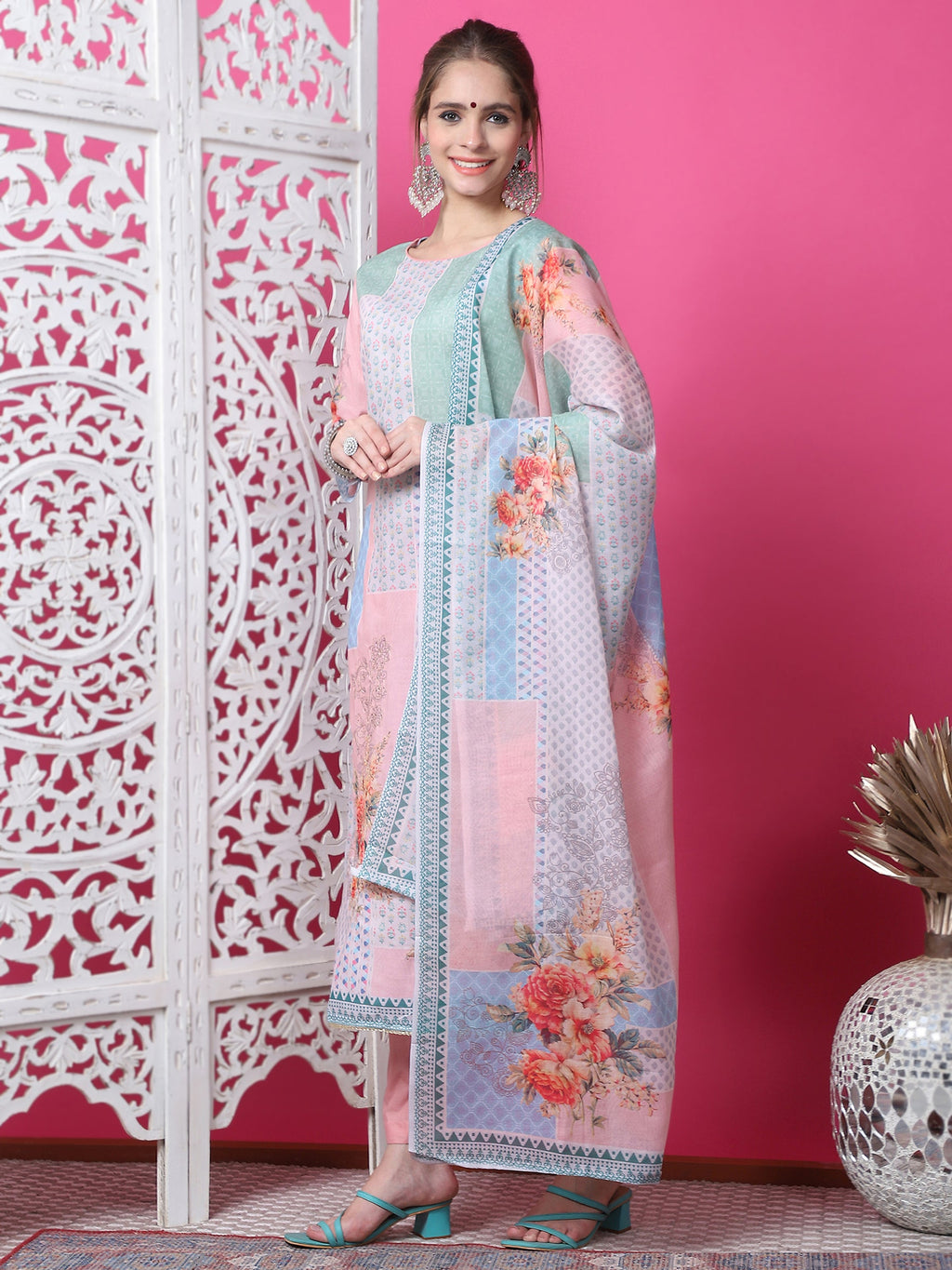 Jyoti Fashion Women's Multicolor Cotton Geometric Digital Print with Jari & Crystal Kurta with Trouser & Dupatta | Grocsy